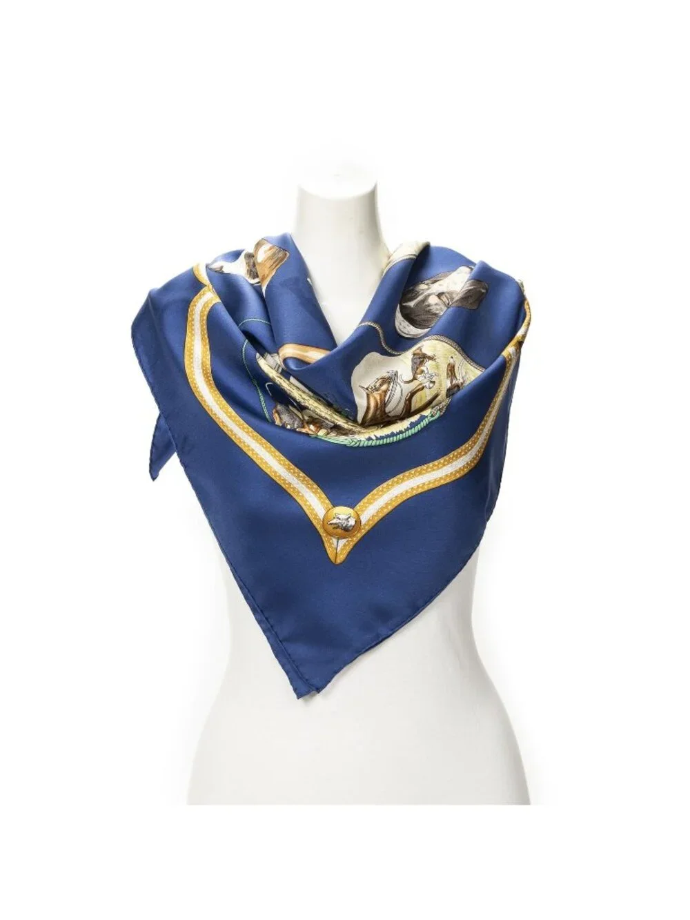 ★SOLD★ Hermes Scarf Navy Brown 100% Gold Twill Silk - Picture 1 of 5